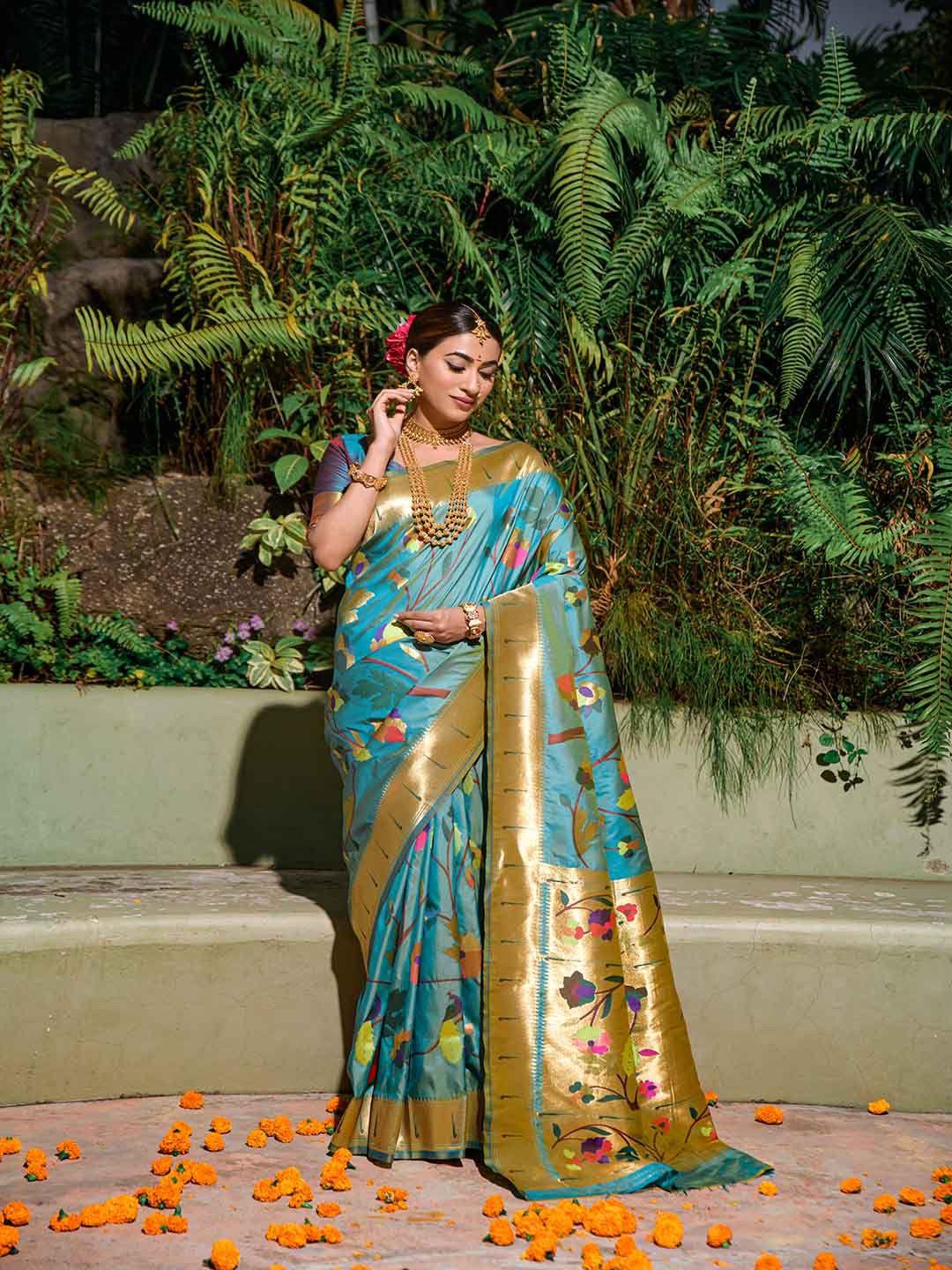 mitera sea green woven design zari art silk saree