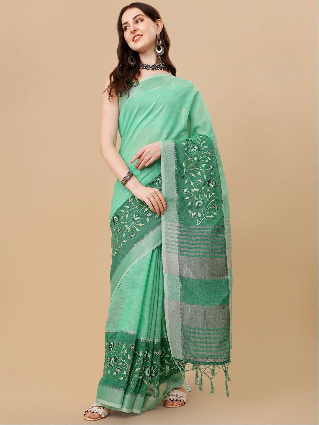 mitera sea green zari embroidered pure linen saree