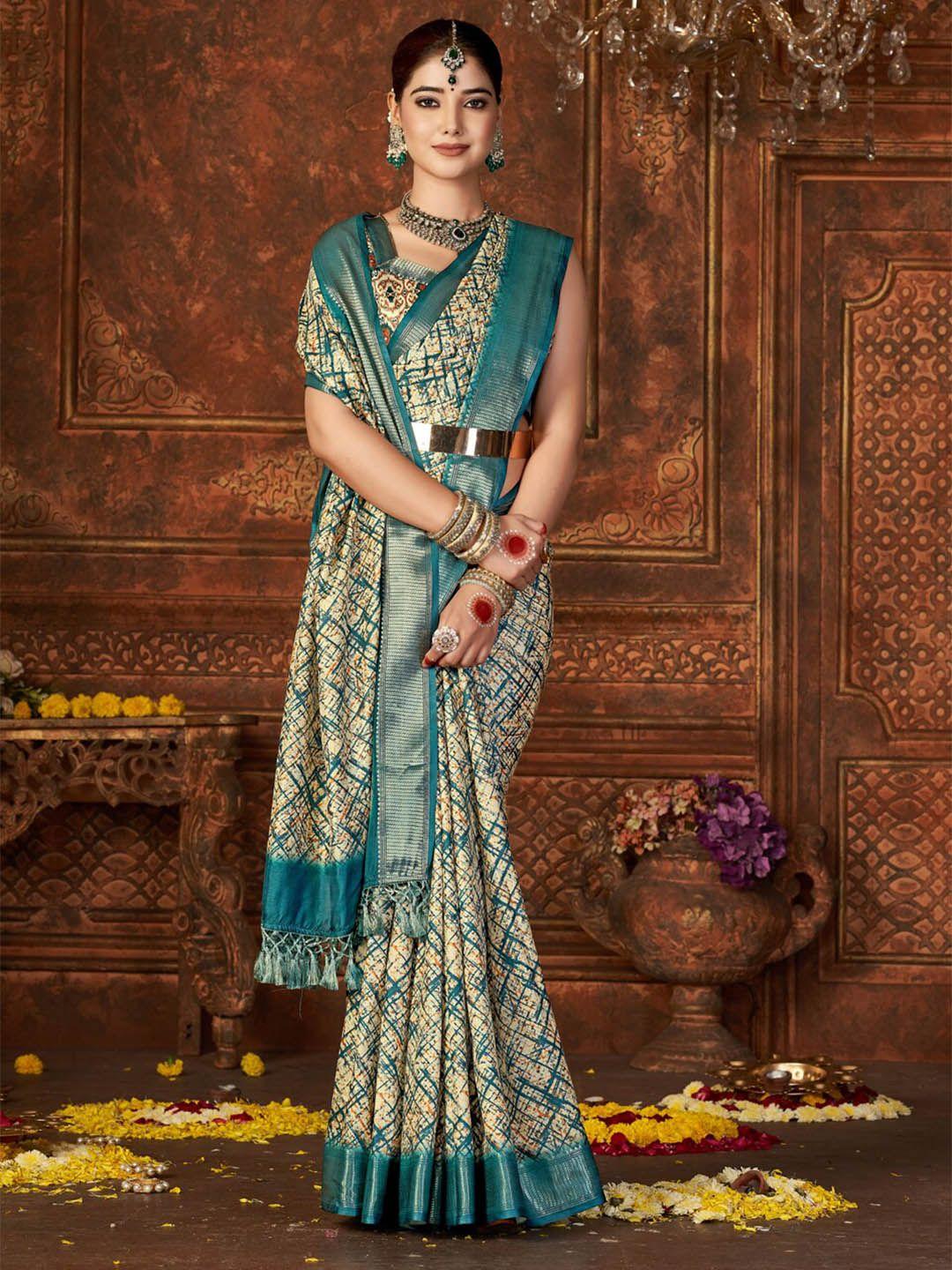 mitera sea green zari pure silk designer block print saree