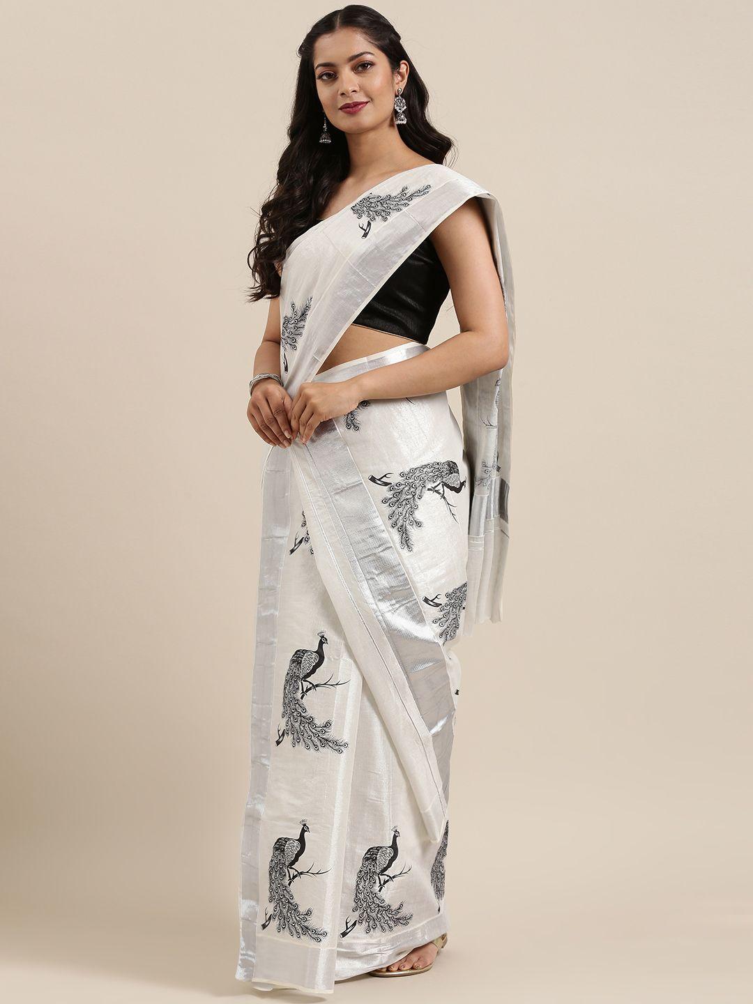 mitera silver-toned & black pure cotton printed handloom kasavu mundu saree