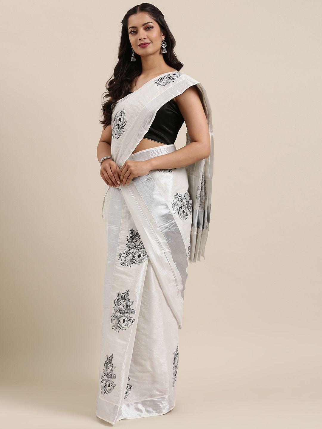 mitera silver-toned & black pure cotton printed handloom kasavu mundu saree