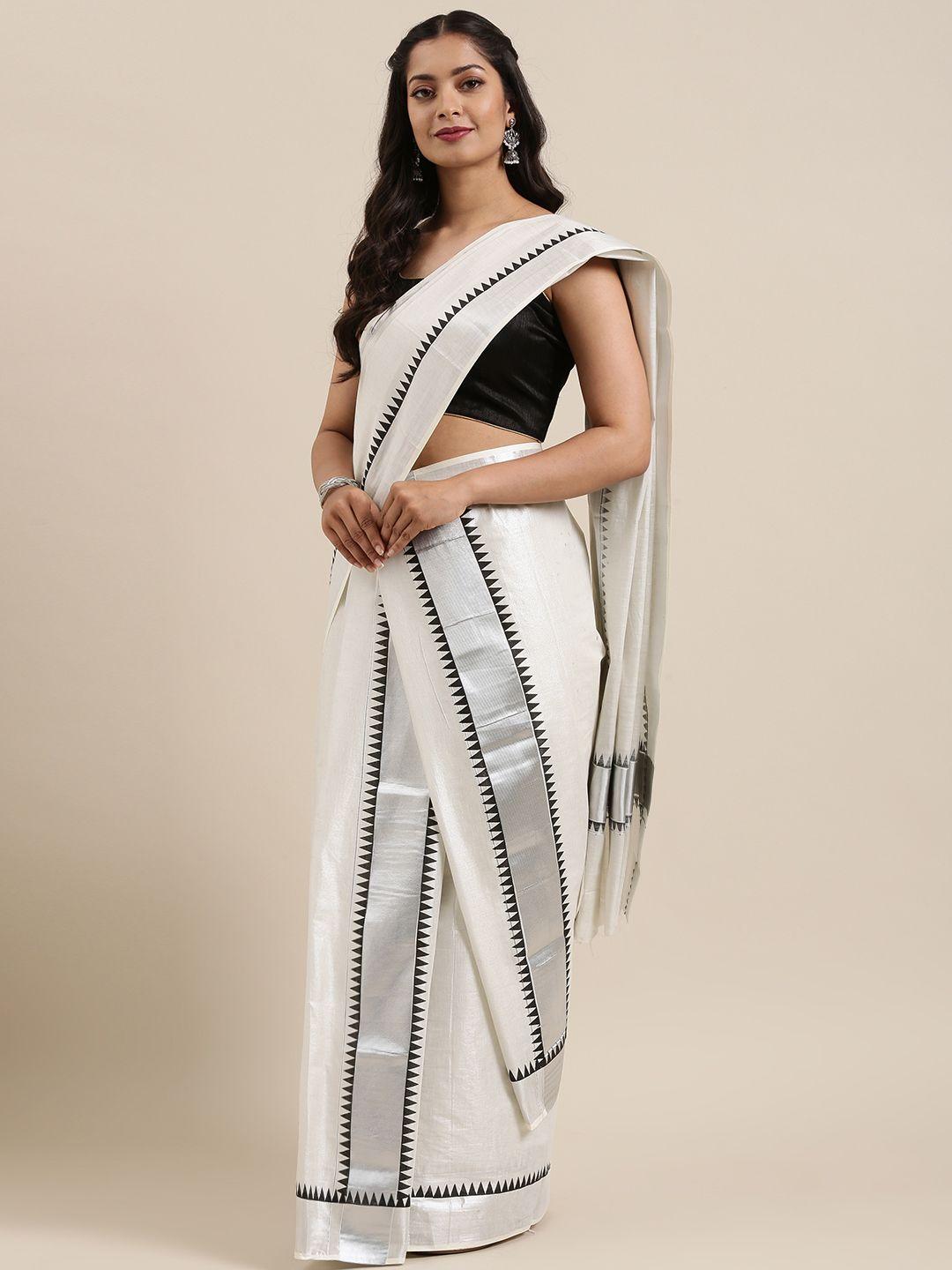 mitera silver-toned & black pure cotton solid handloom kasavu mundu saree