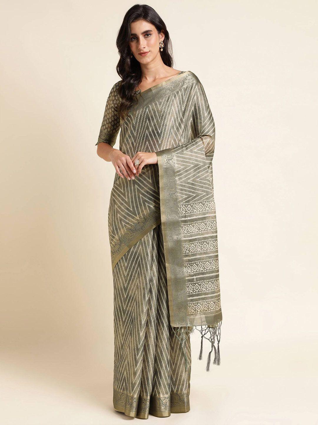 mitera silver toned geometric printed zari saree