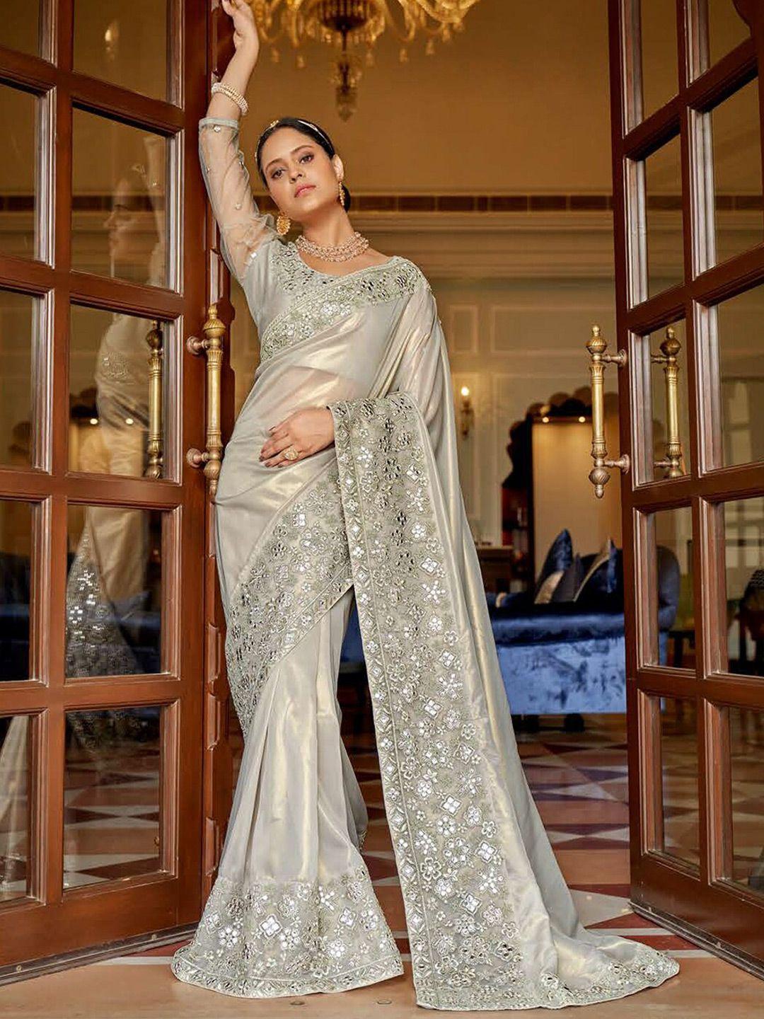 mitera silver-toned mirror work embroidered organza saree