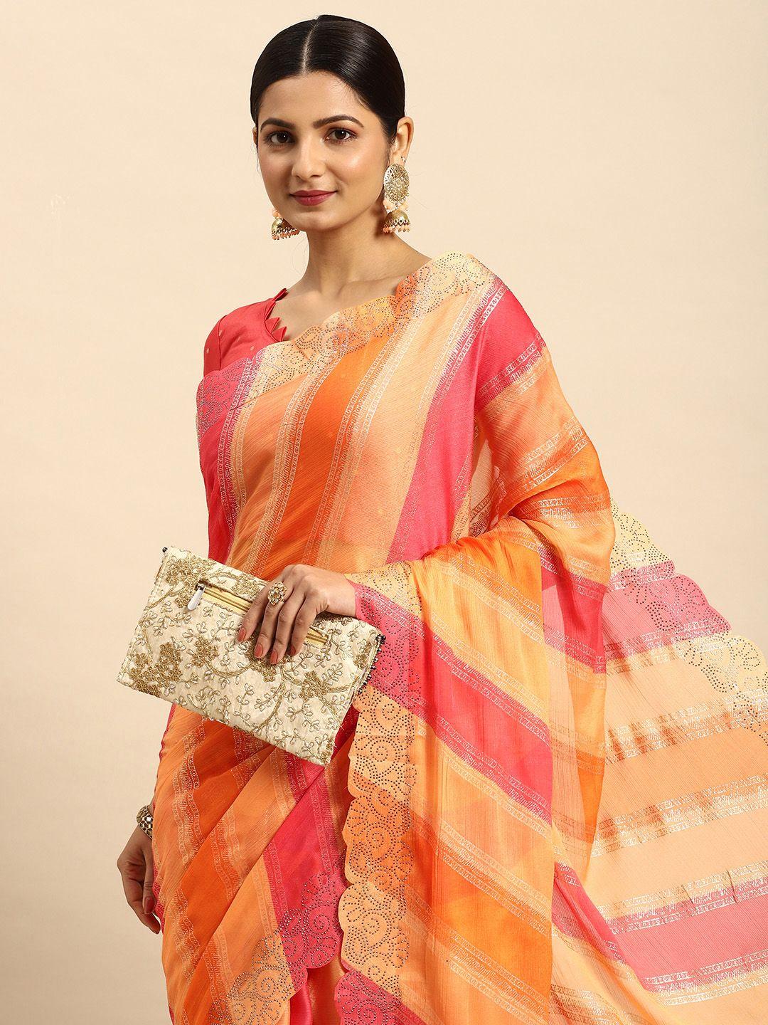 mitera striped stones-studded pure chiffon saree