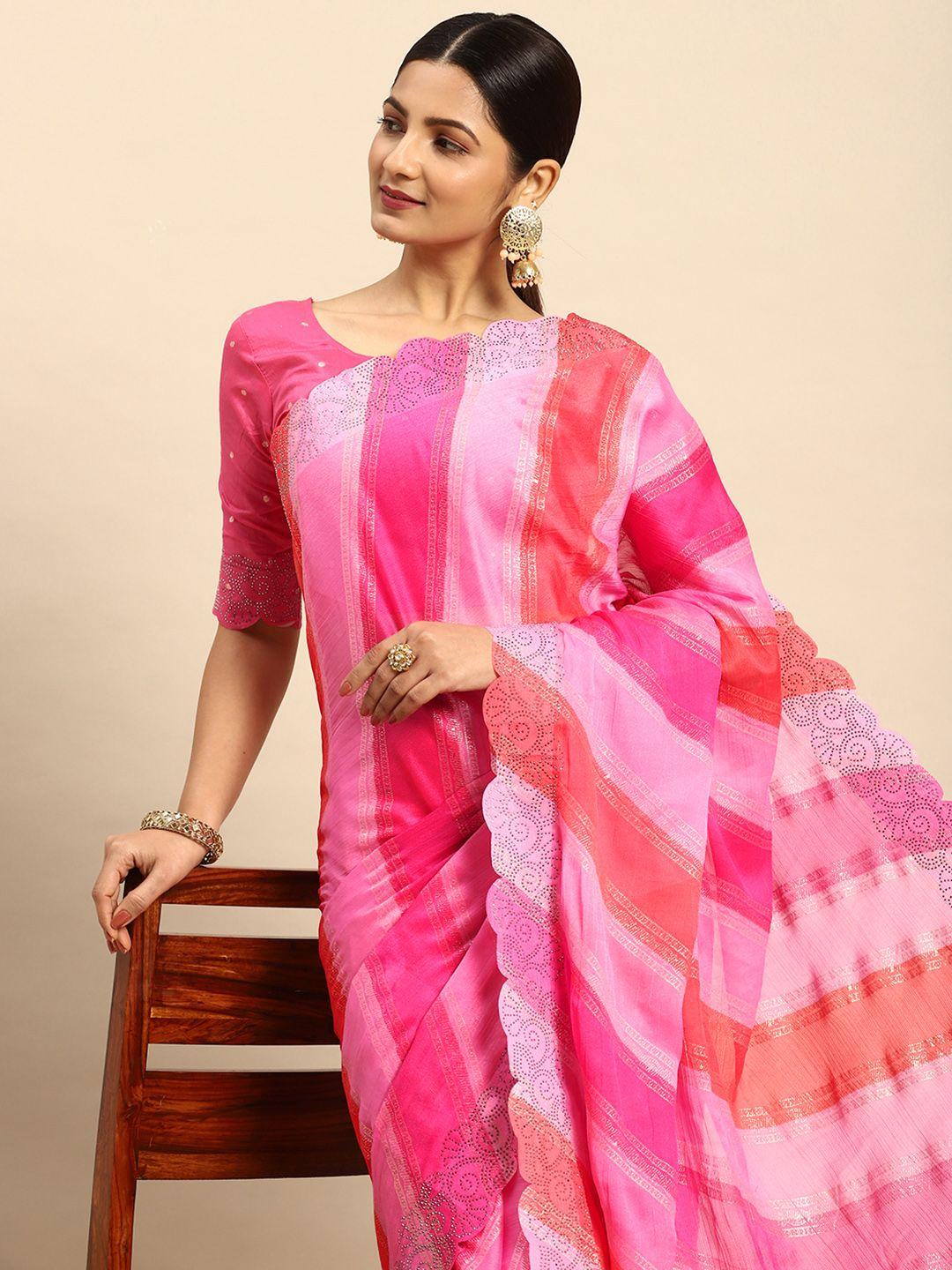 mitera striped stones-studded pure chiffon saree