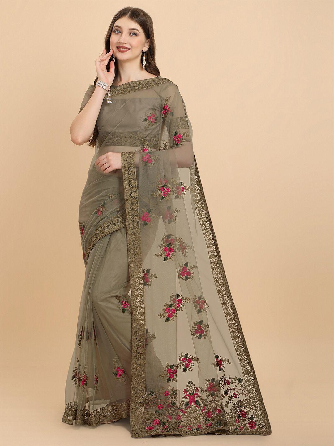 mitera tan & red floral embroidered net saree