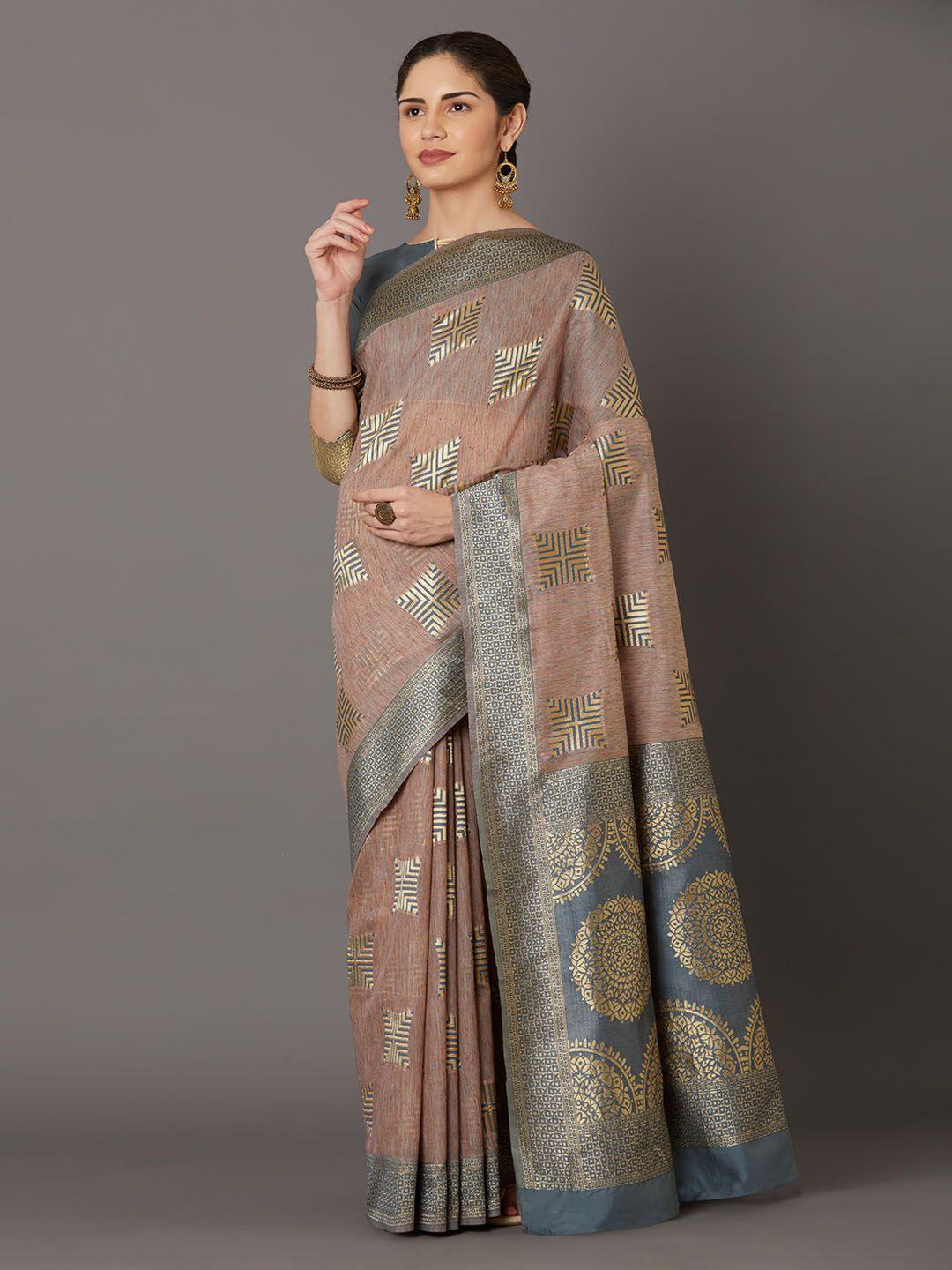 mitera tan brown & silver-toned silk blend woven design kanjeevaram saree