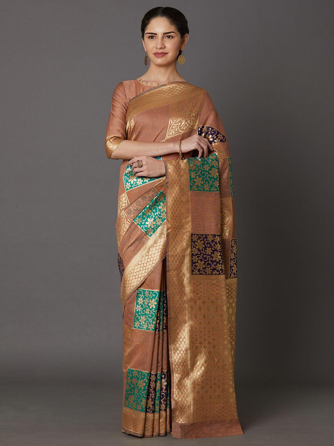 mitera tan brown silk blend woven design kanjeevaram saree