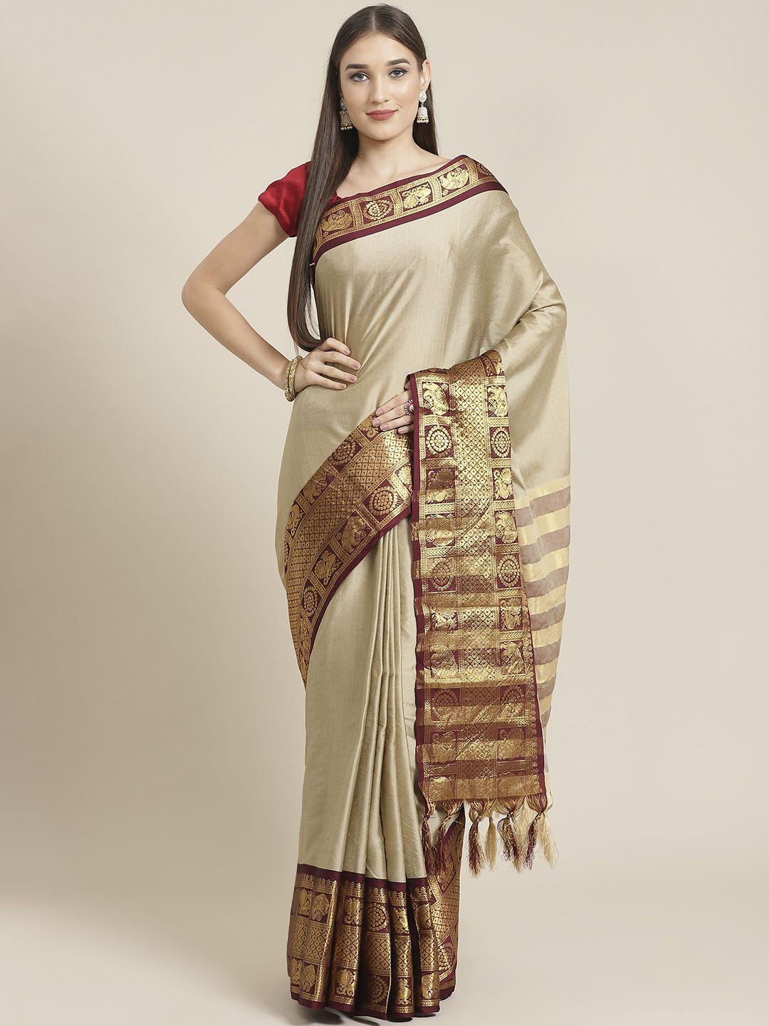 mitera taupe & golden pure silk solid banarasi saree