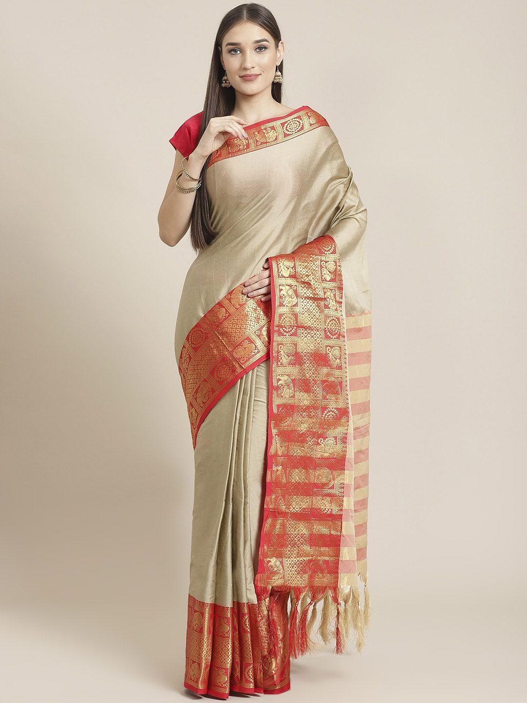 mitera taupe & red pure silk solid banarasi saree