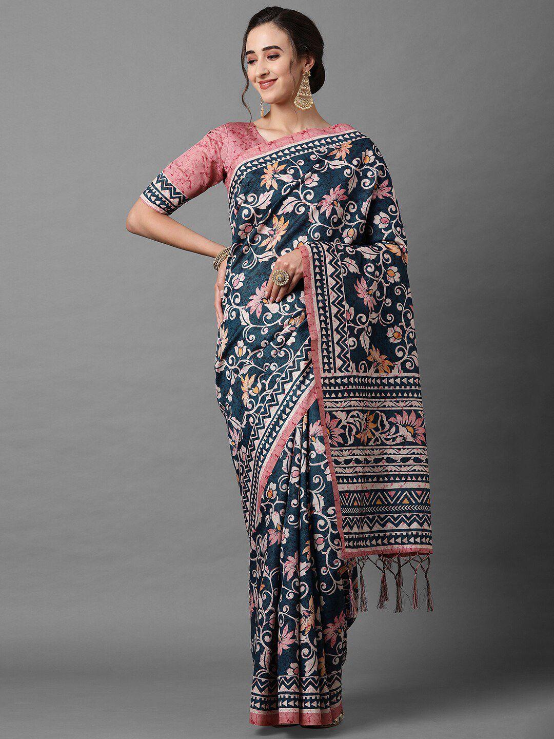 mitera teal & beige floral silk blend saree