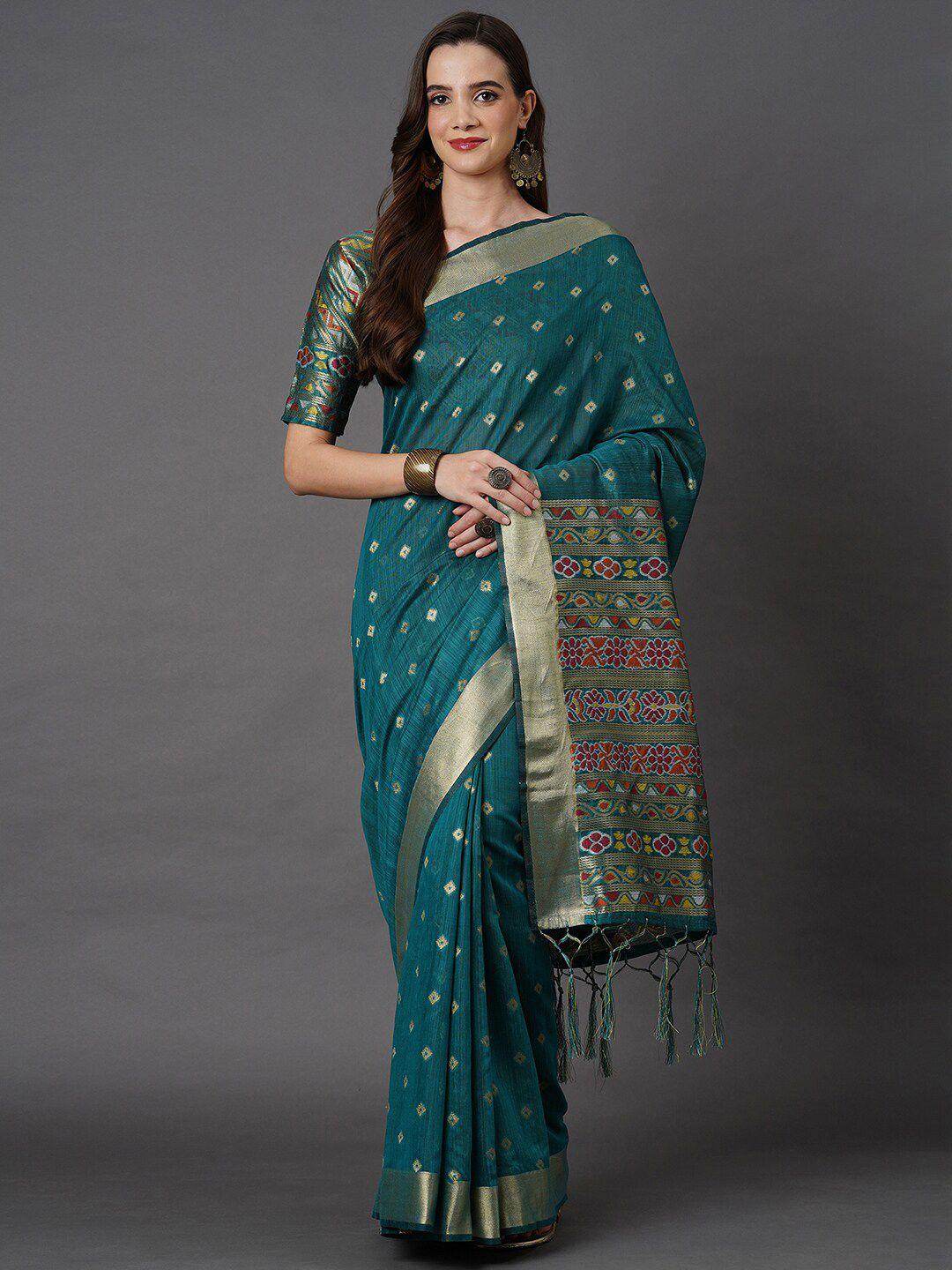 mitera teal & blue woven design silk cotton saree