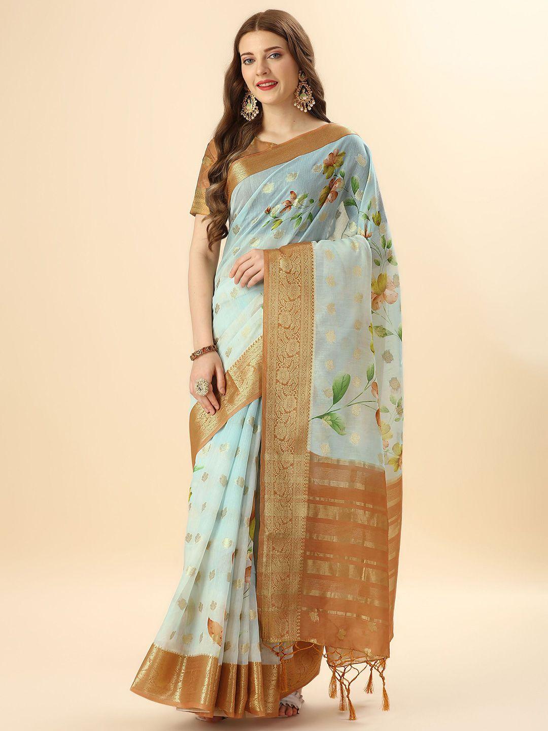 mitera teal & brown floral woven design zari pure cotton saree