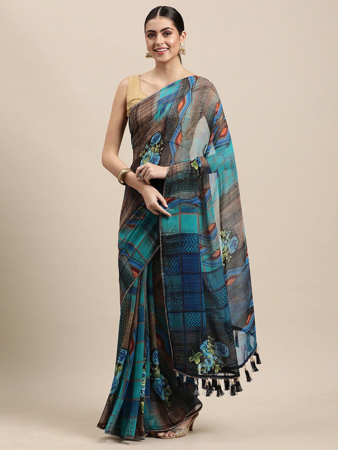 mitera teal & brown pure georgette saree