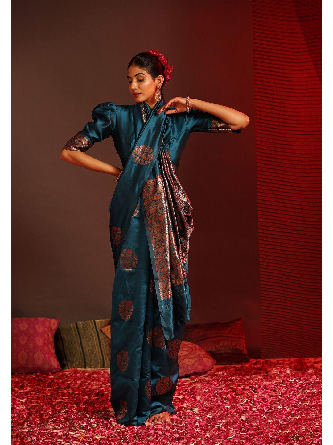 mitera teal & copper-toned woven design zari silk blend kanjeevaram saree