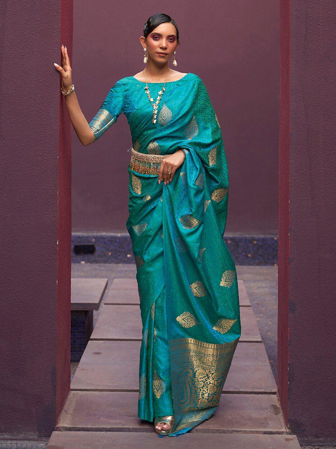 mitera teal & gold-toned bagh pure silk banarasi saree