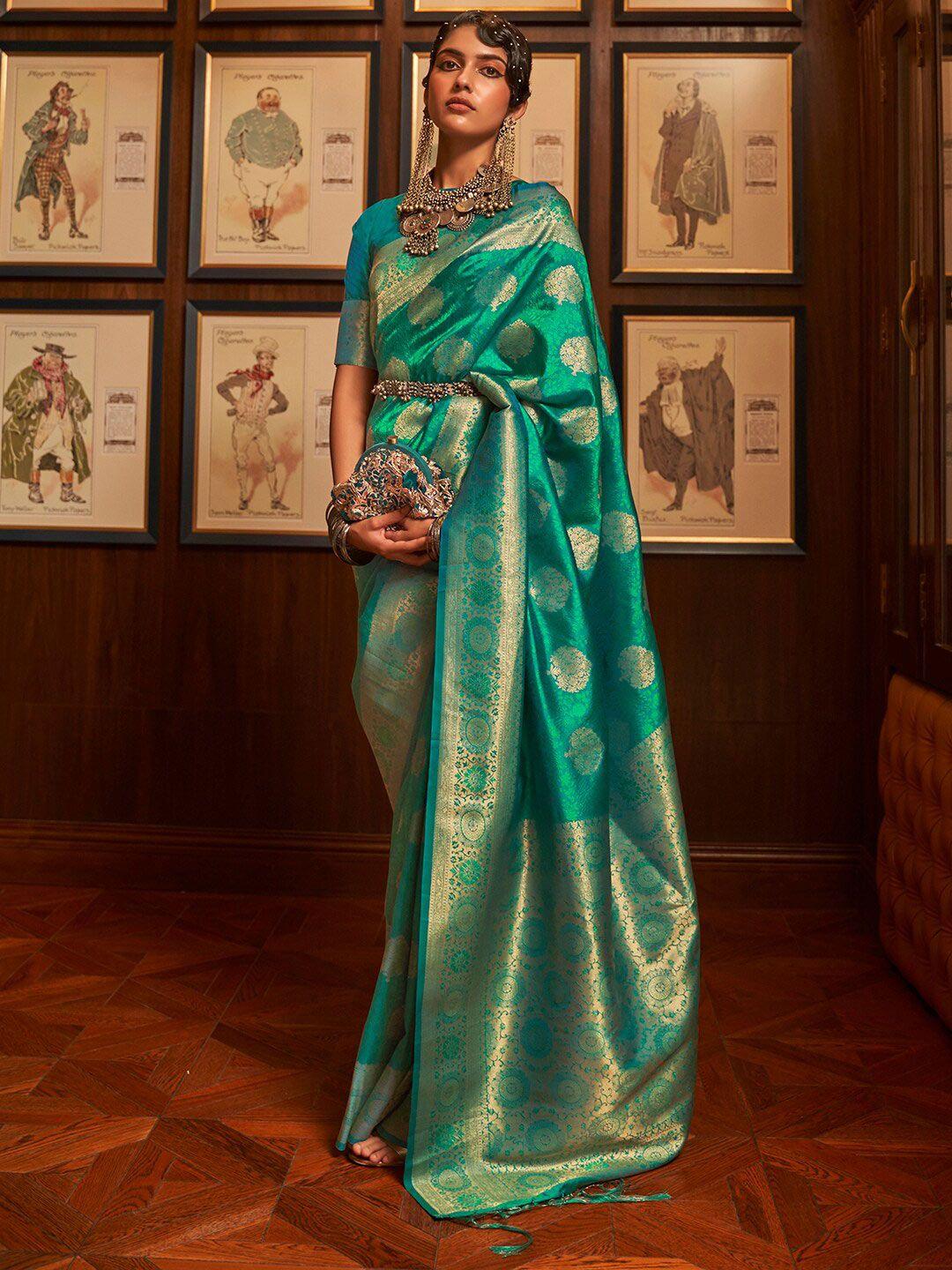 mitera teal & gold-toned bagh zari silk blend banarasi saree