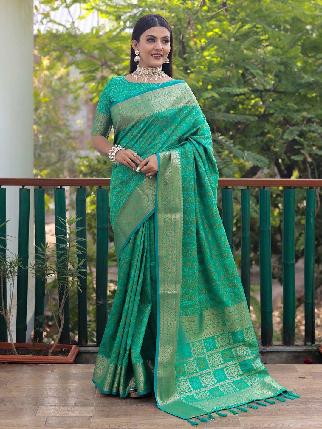 mitera teal & gold-toned bandhani printed zari patola saree