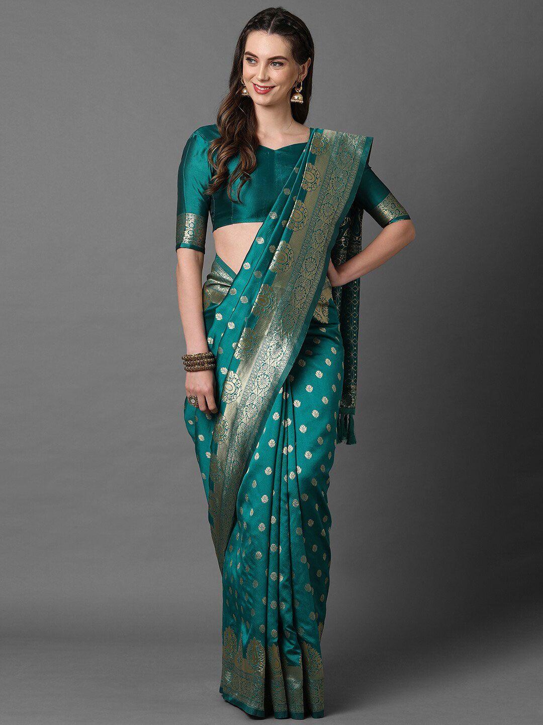 mitera teal & gold-toned ethnic motif woven design zari banarasi saree