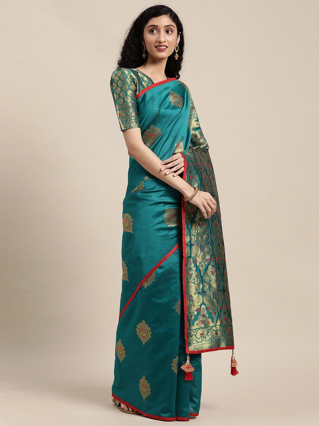 mitera teal & gold-toned ethnic motifs woven design zari banarasi saree