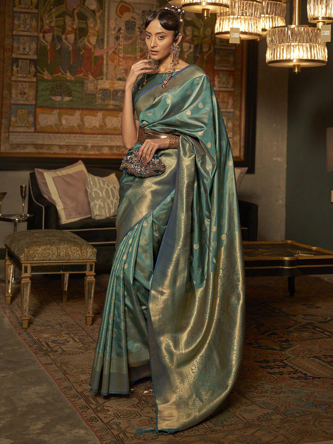 mitera teal & gold-toned ethnic motifs zari bagru saree