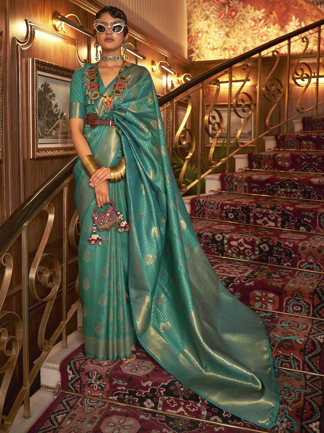 mitera teal & gold-toned ethnic motifs zari silk blend bagh saree