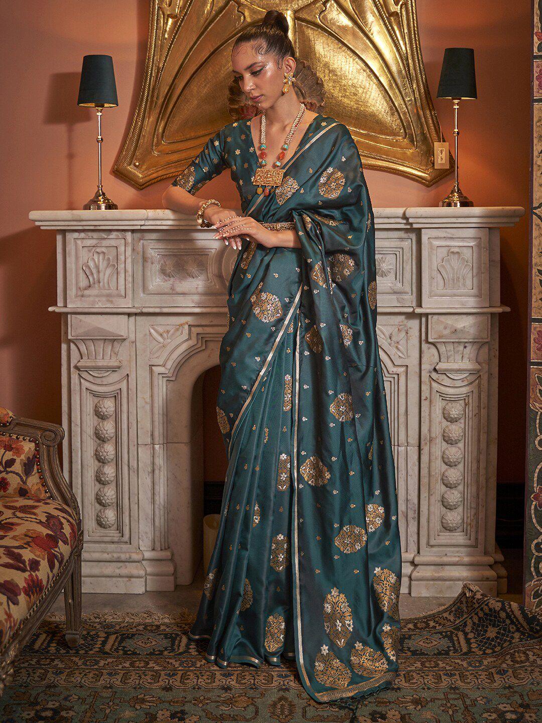 mitera teal & gold-toned floral zari silk blend banarasi saree