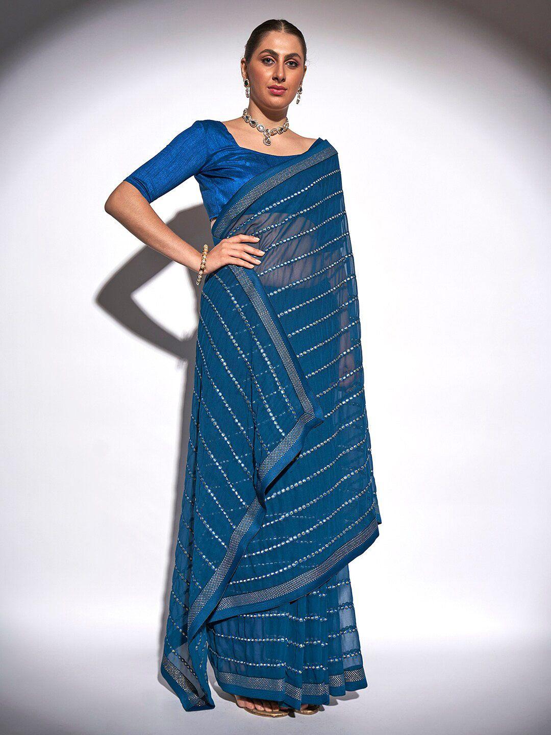 mitera teal & gold-toned geometric embroidered pure georgette saree