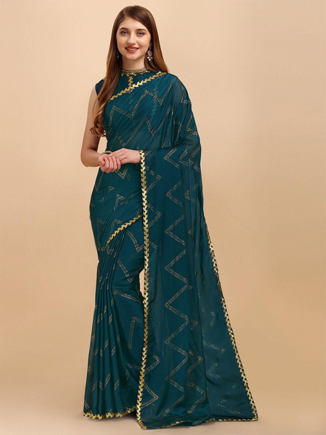 mitera teal & gold-toned silk cotton leheriya saree