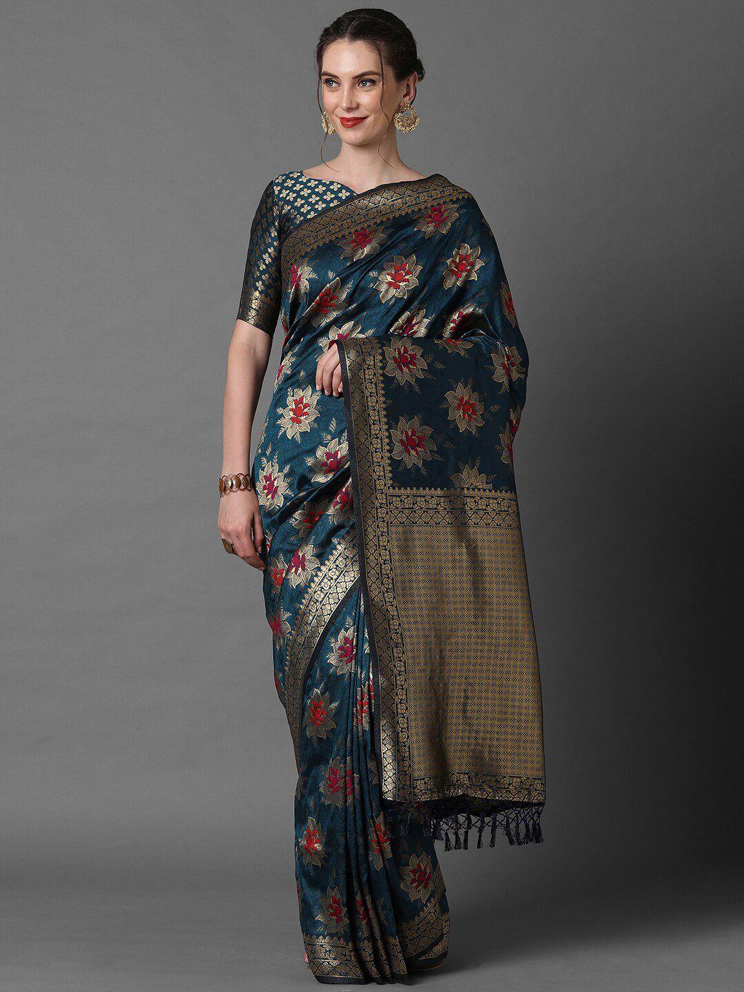 mitera teal & gold-toned woven design zari silk blend banarasi saree