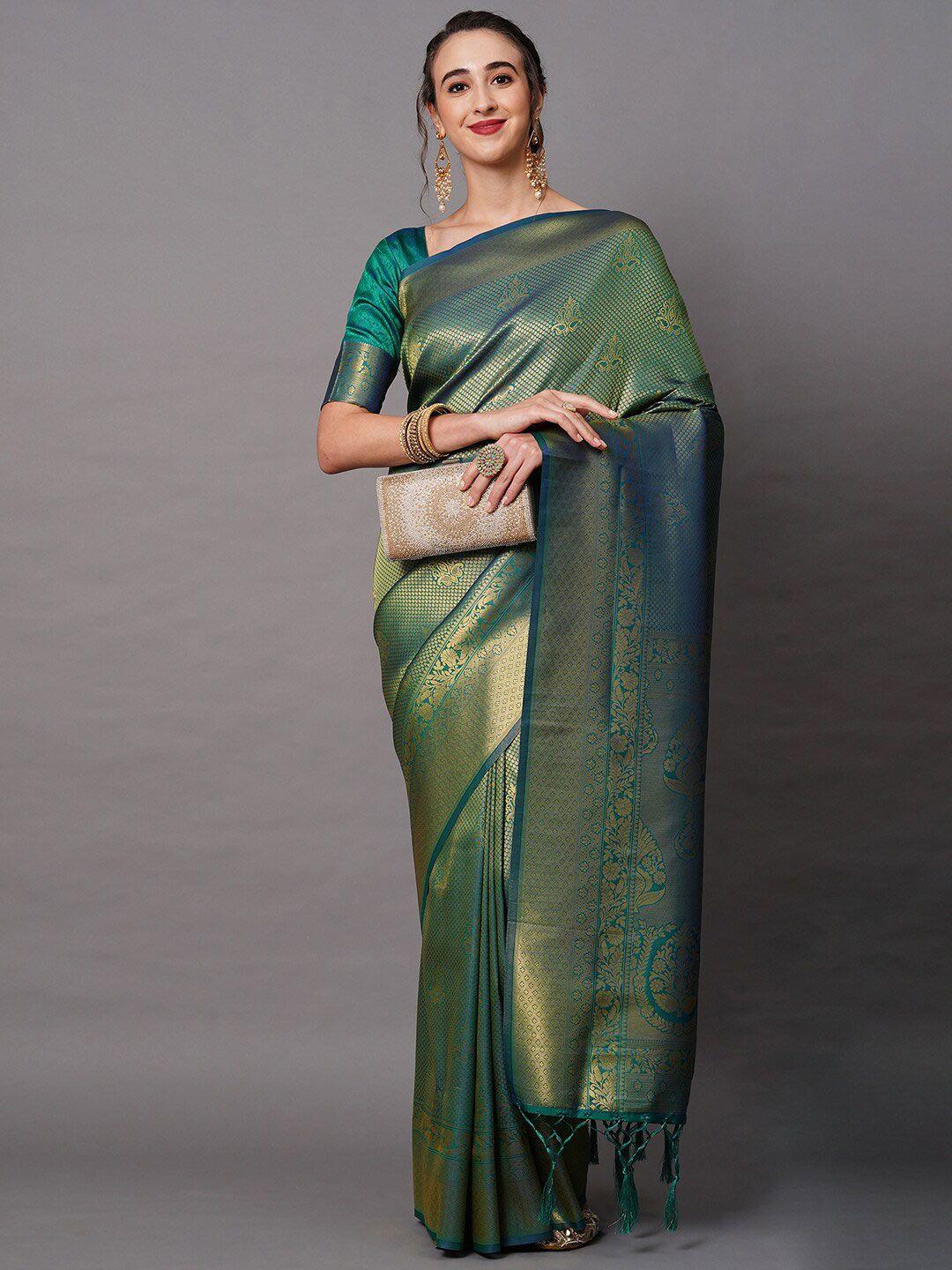 mitera teal & gold-toned woven design zari silk blend banarasi saree