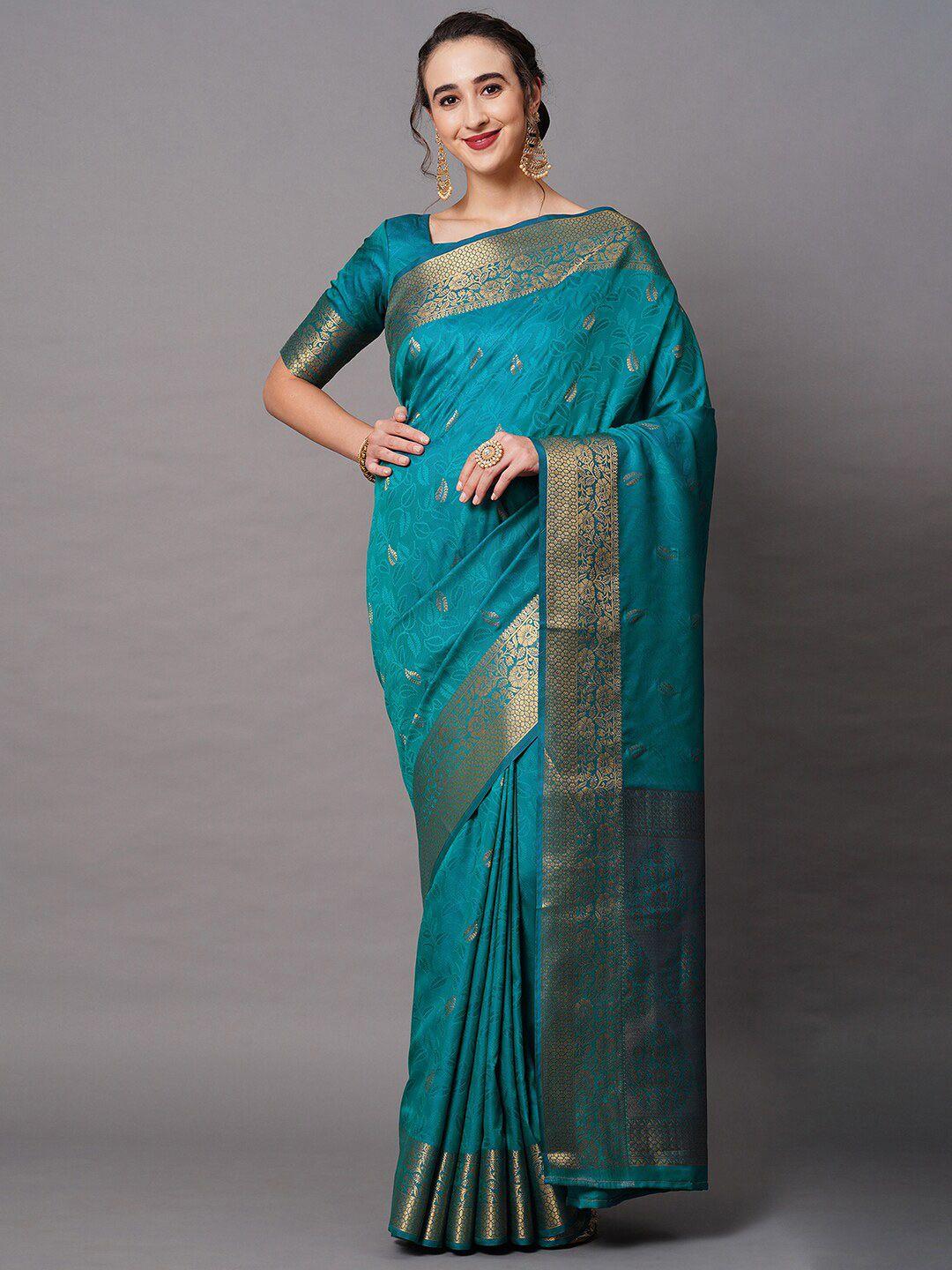 mitera teal & gold-toned woven design zari silk blend banarasi saree