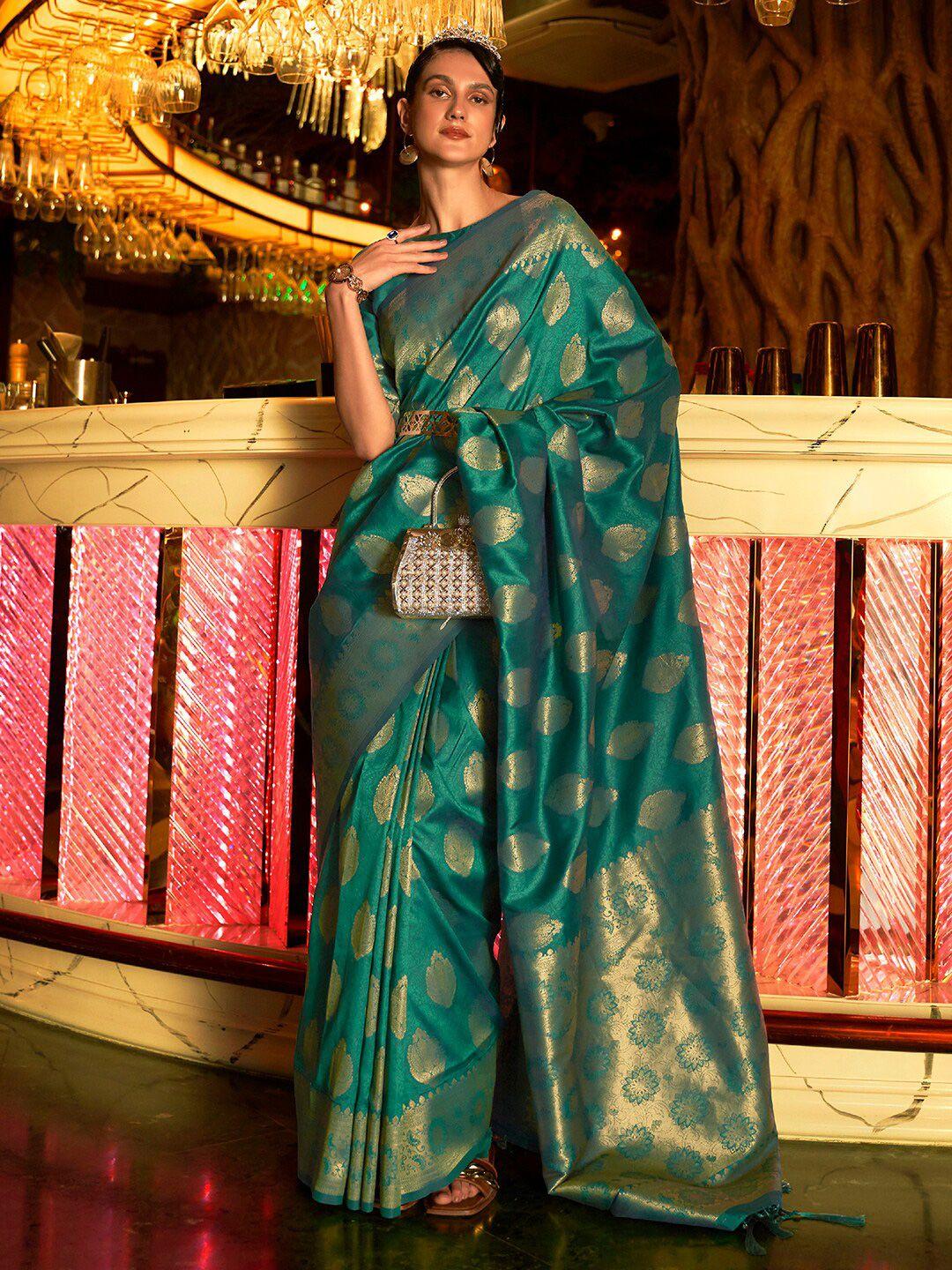 mitera teal & gold-toned woven design zari silk blend banarasi saree