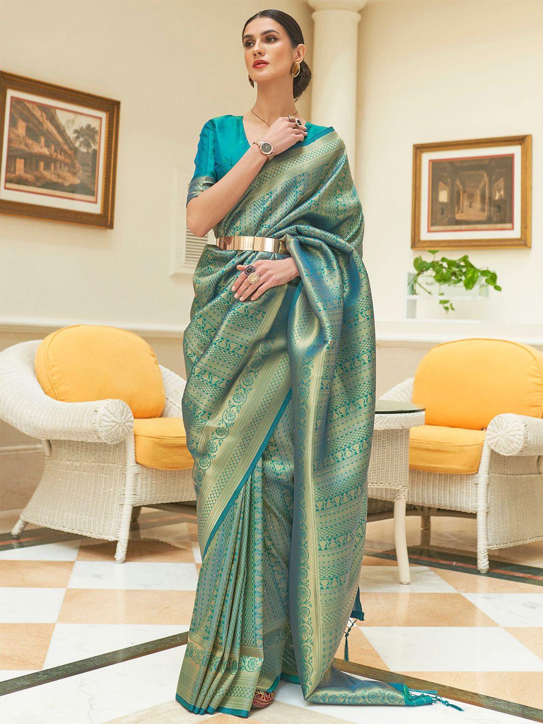 mitera teal & golden floral zari silk blend kanjeevaram saree