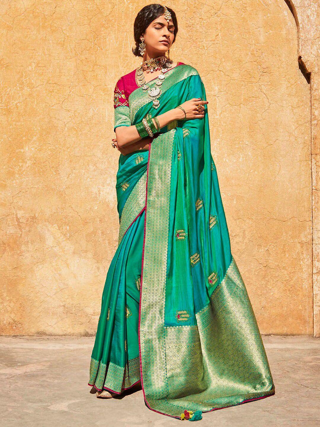 mitera teal & magenta ethnic motifs zari silk blend saree