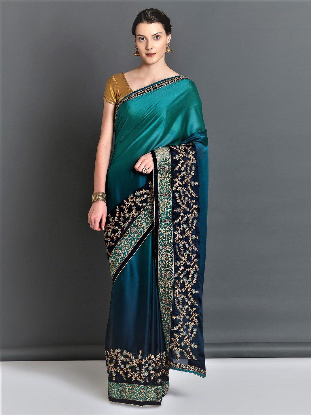 mitera teal & navy blue poly georgette embroidered saree