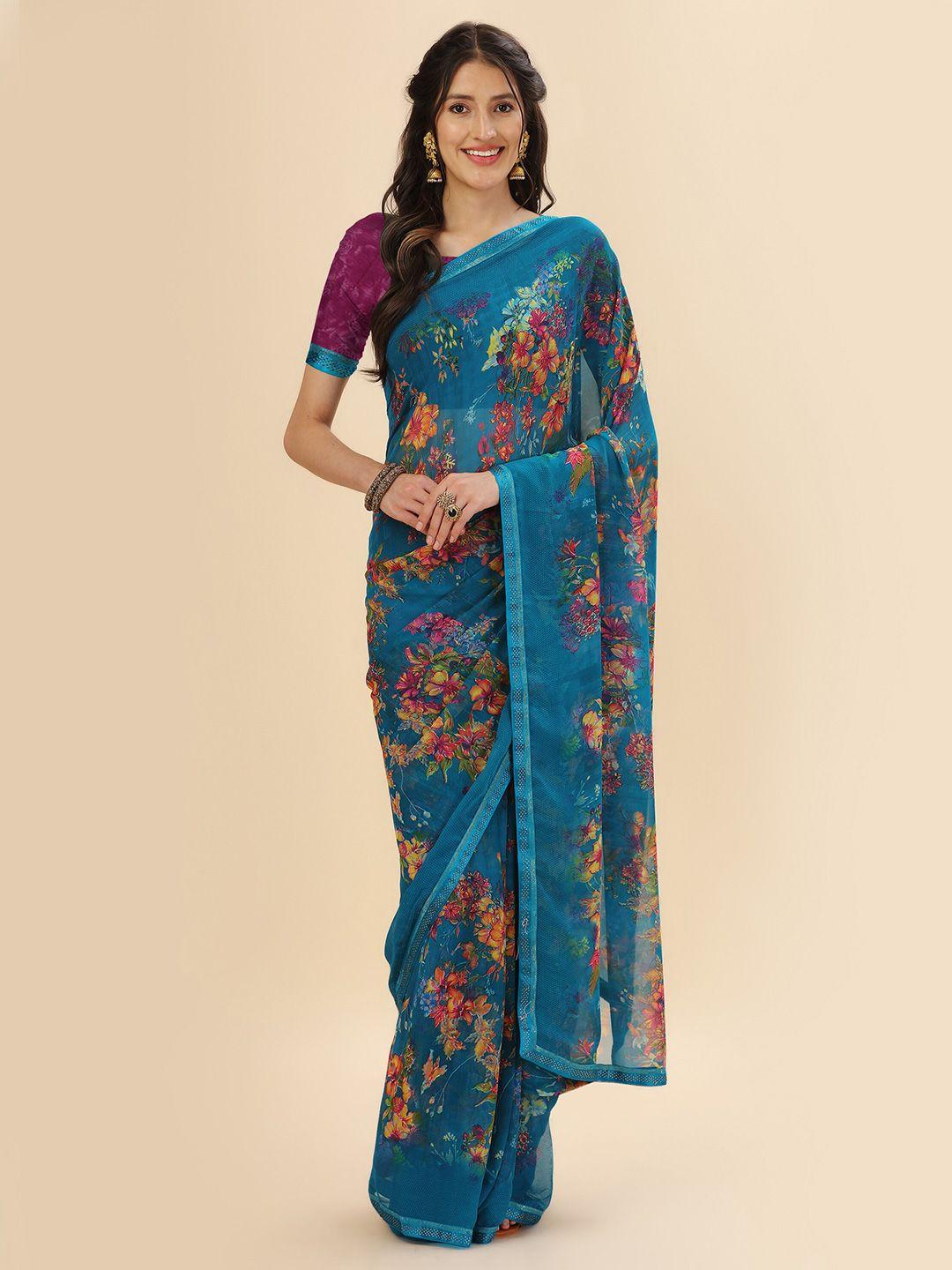 mitera teal & orange floral stone work pure georgette saree