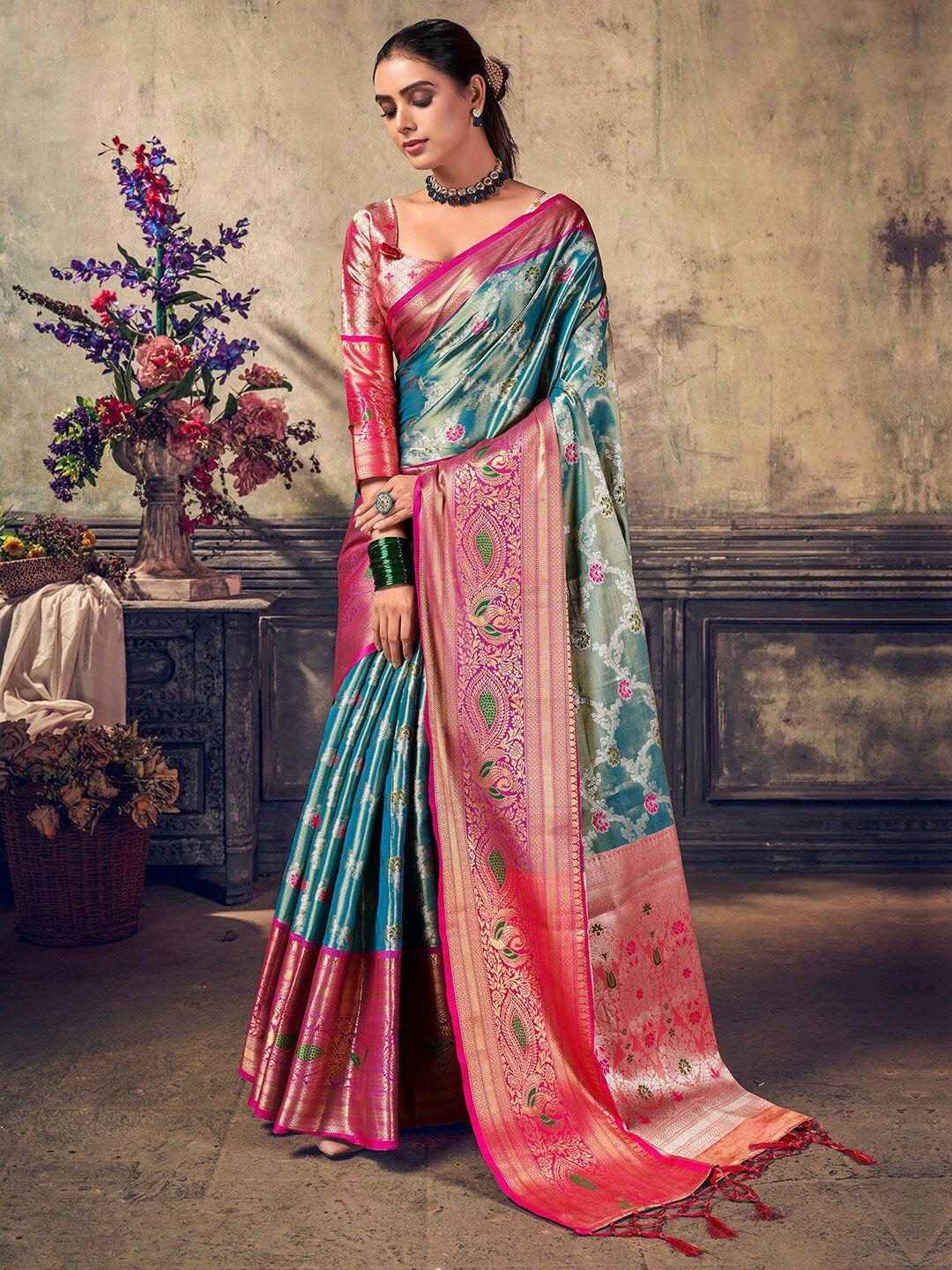 mitera teal & pink ethnic motifs woven design zari kanjeevaram saree