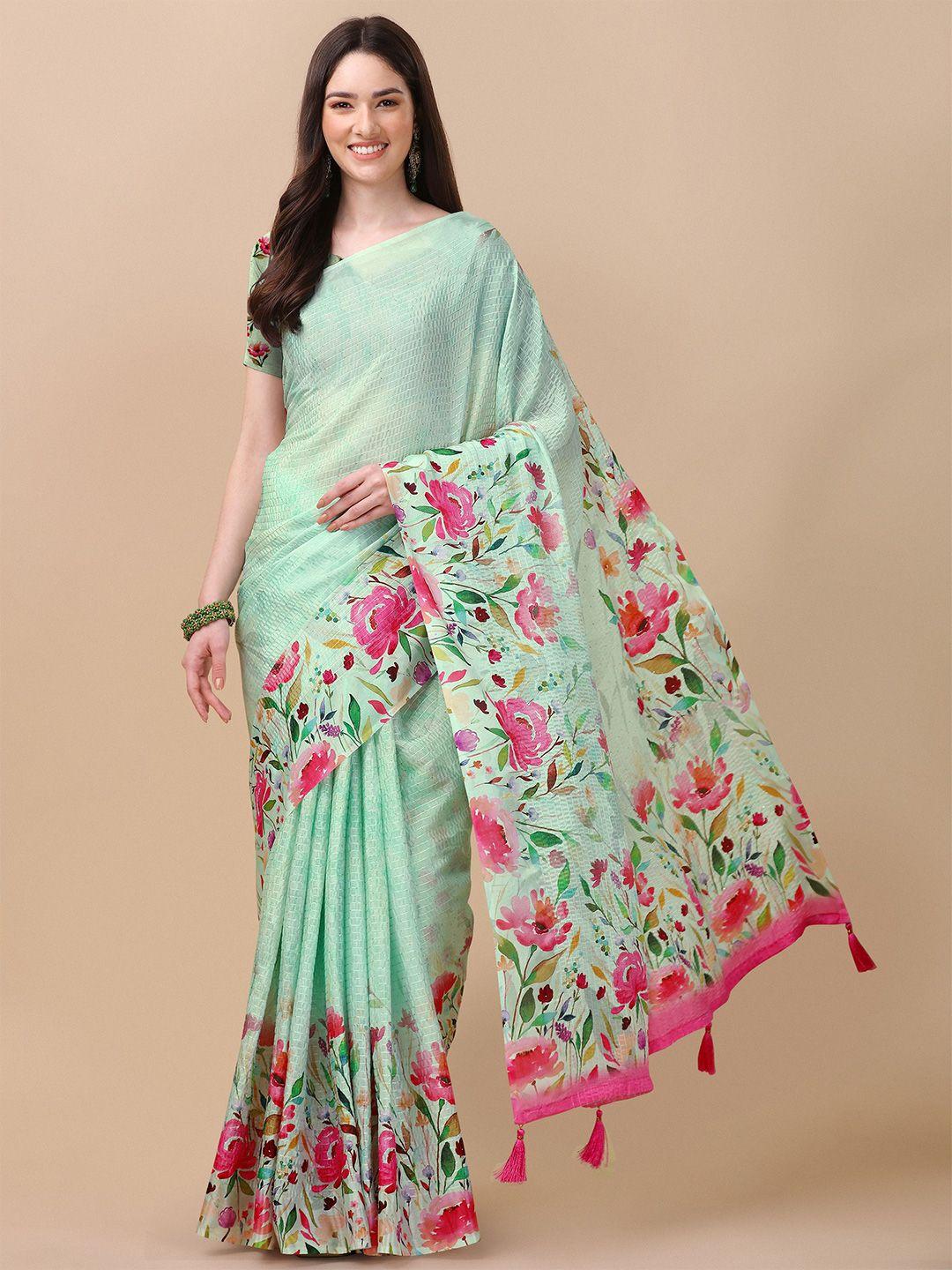 mitera teal & pink floral printed saree