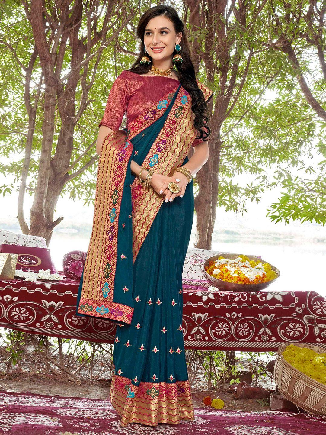 mitera teal & red floral embroidered saree