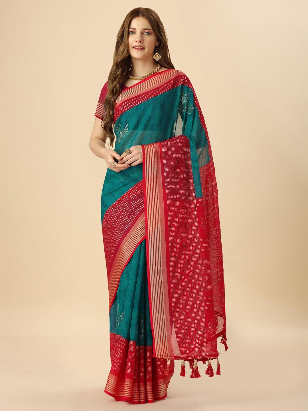 mitera teal & red floral printed zari pure chiffon saree