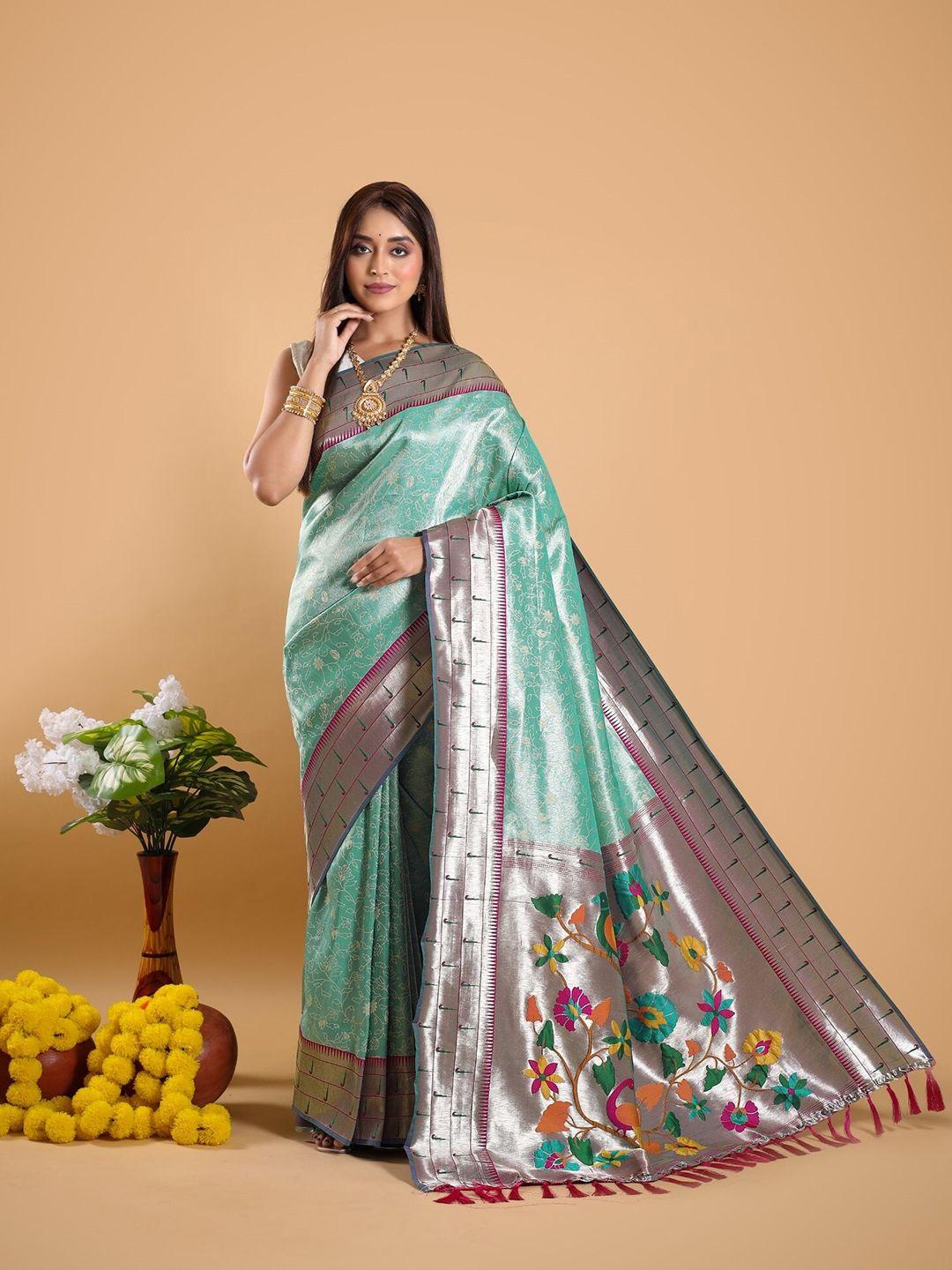 mitera teal & silver-toned floral printed zari paithani saree