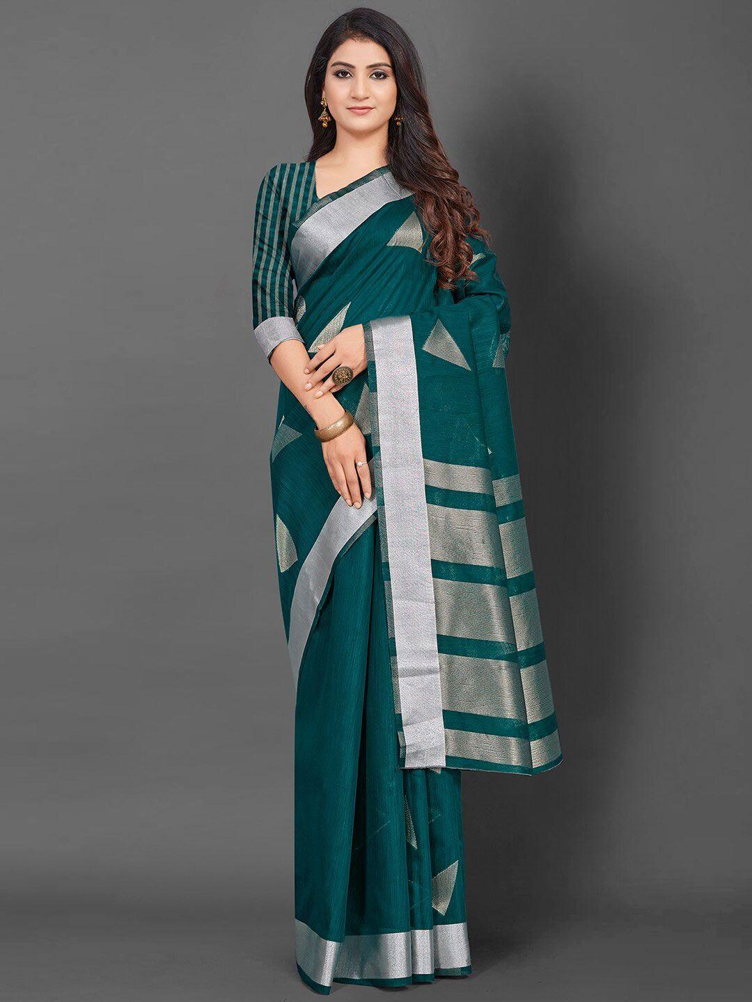 mitera teal & silver-toned woven design zari linen blend banarasi saree