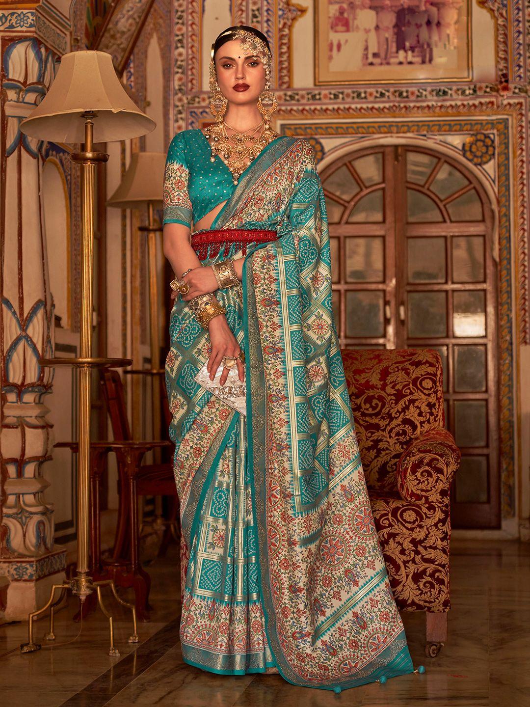 mitera teal & white bandhani printed beads & stones bandhani saree