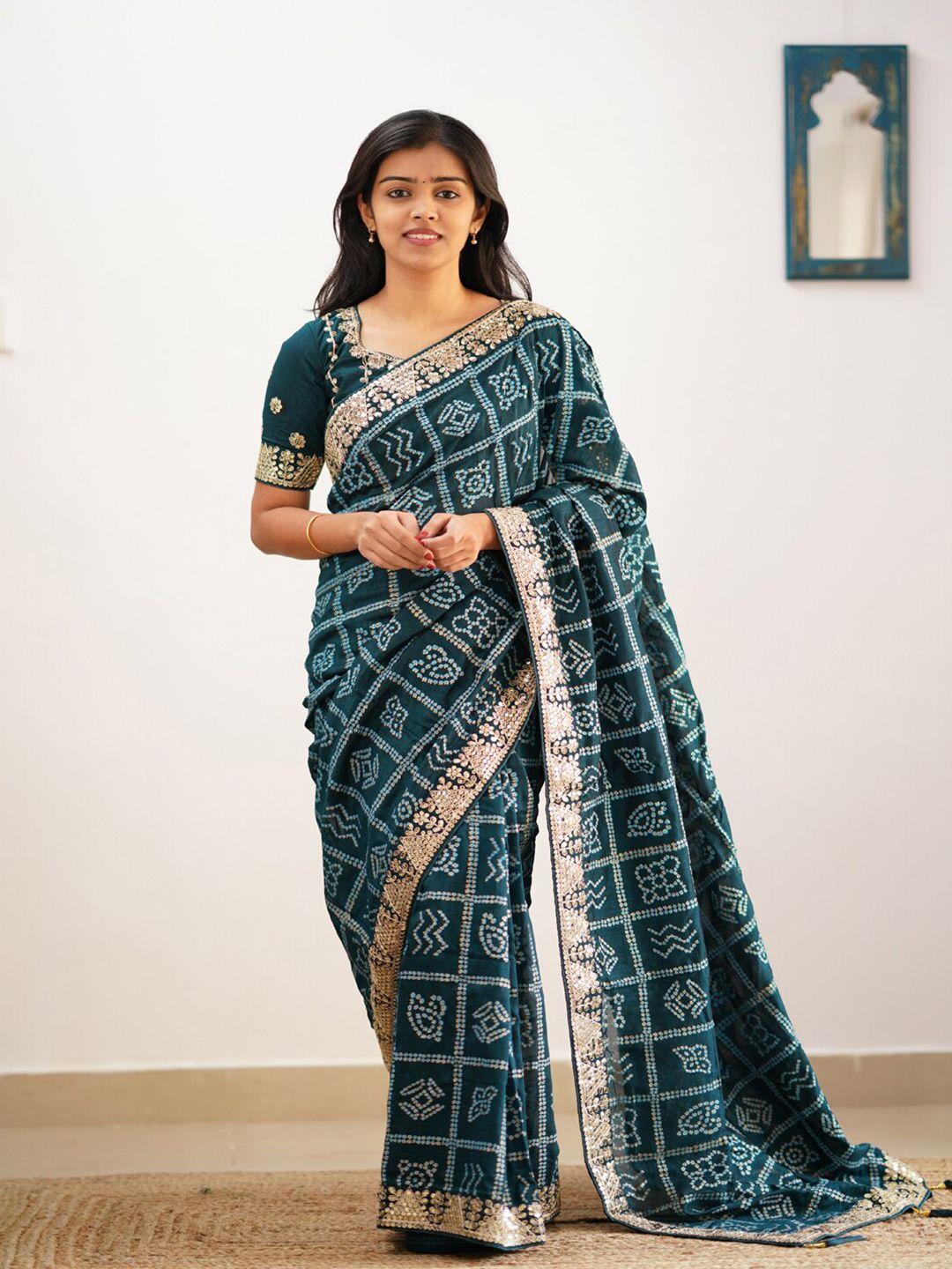 mitera teal & white bandhani printed embroidered saree