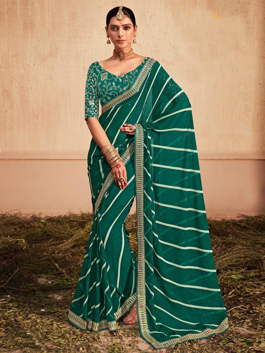 mitera teal & white striped embroidered pure georgette saree