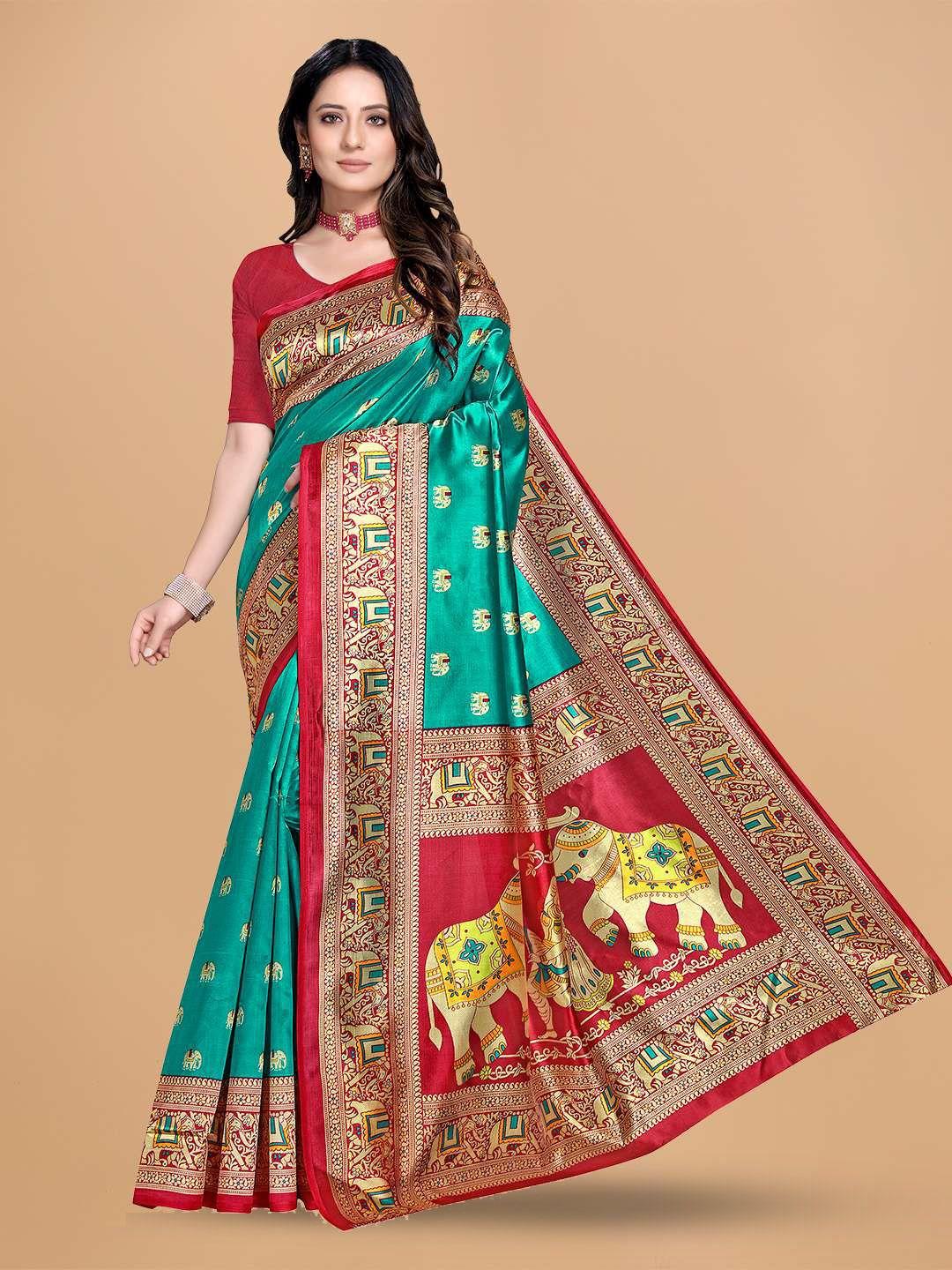 mitera teal art silk designer saree