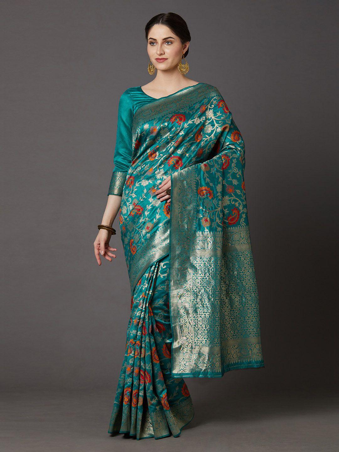 mitera teal blue & gold-coloured silk blend woven design banarasi saree