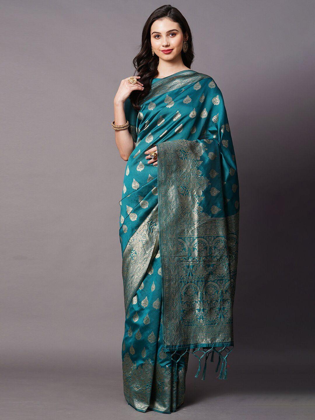 mitera teal blue & gold-toned woven design zari silk blend banarasi saree